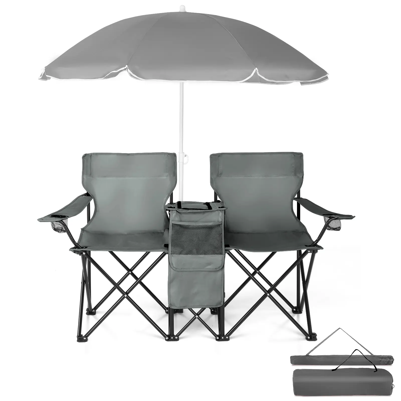 2-Seat Folding Fishing Chair with 55-Inch Grey Oxford Sun Umbrella, Heavy-Duty Steel Frame, Removable Protection, 180LBS Capacity, 18.9x14.4x15.2 Inches Fabric Outdoor Lounge for Beach Trips, Camping, Lakeside Relaxation, Dual-Seat Design, Portable