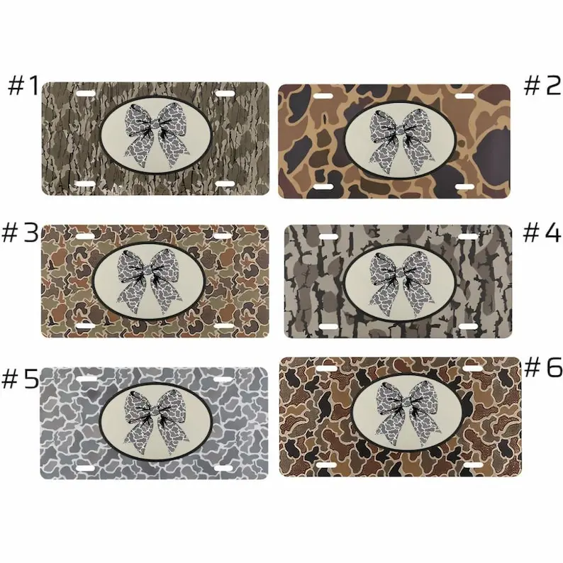 Camo Bow License Plate, Cute Camouflage Vanity Plate for Women, Hunting Style Car Tag, Girly Outdoor Auto Plate, Country Girl Truck Tag Gift