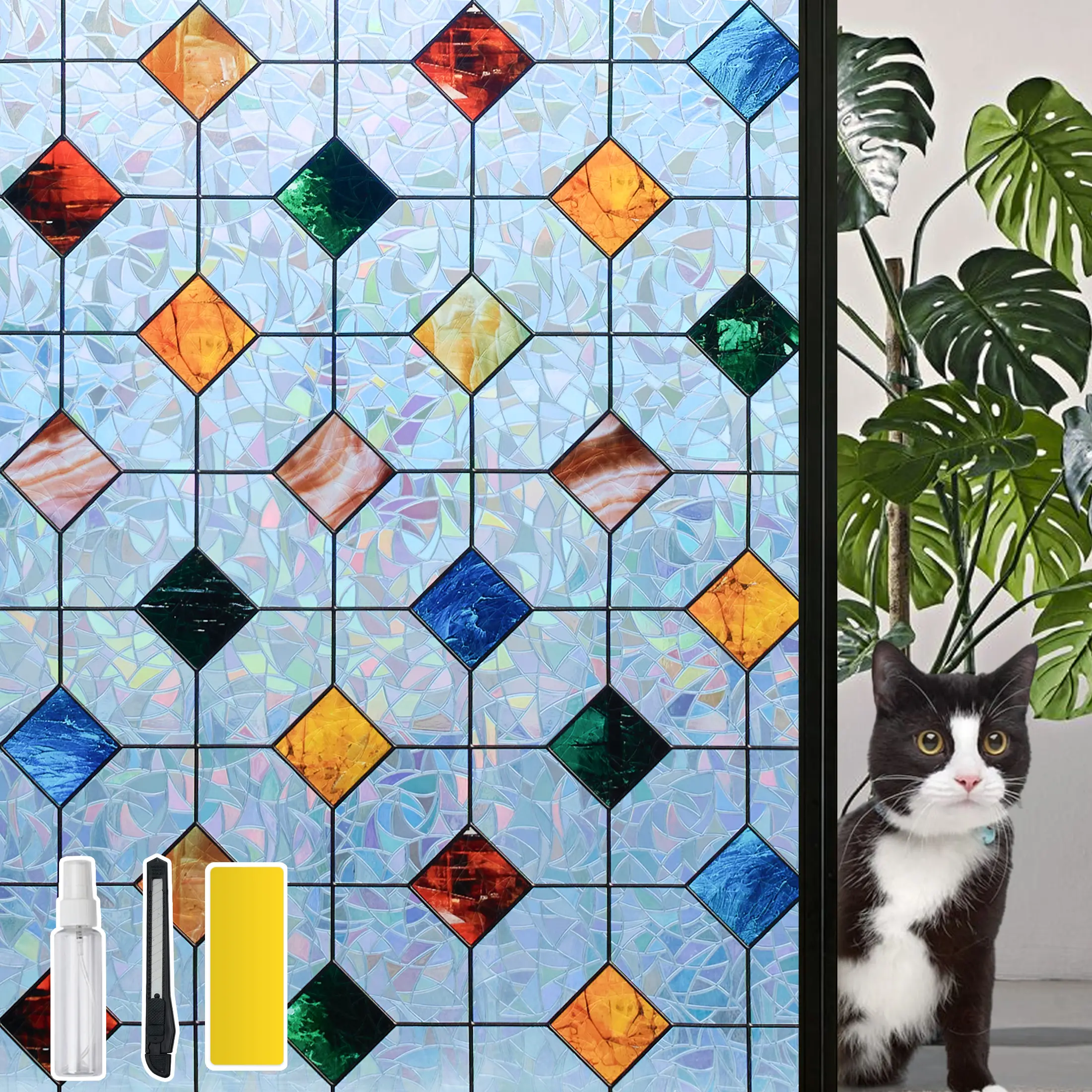 DKTIE 17.7in x 78.7in Rainbow Agate Stone Lattice Stained Glass Privacy Window Film - Anti-UV, Heat Blocking, Easy-Install Electrostatic Cling, Includes Tools, Window Tint for Bathroom Decor Ideas, House Decor, Home Goods