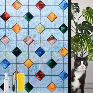 Dktie 17.7" x 78.7" Rainbow Agate Stone Lattice Pattern Stained Glass Privacy Window Film, Anti-UV & Heat Blocking, Easy Install Electrostatic Cling, Deliver installation tools