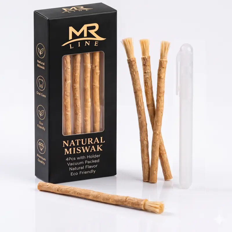 4-Pack Salvadora Tree Traditional Miswak Wooden Sticks with Storage Holder, Natural Manual Oral Toothbrush with Soft Fibers for Daily Gentle Teeth Cleaning, Fresh Breath, Travel Toiletry Gift