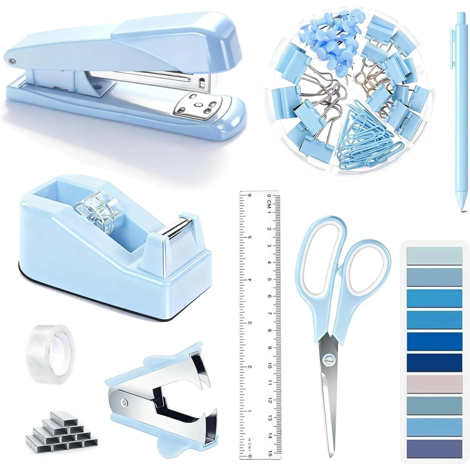 Blue 9pc Office Supply Kit - High-Quality Plastic Office Accessories Organizer with Anti-Slip Base, Tape Dispenser, Stapler, Staple Remover, 1000 Staples, Tape, Clips, Ruler, Scissors, 1 Ballpoint Pen, Ideal for Birthday Gifts