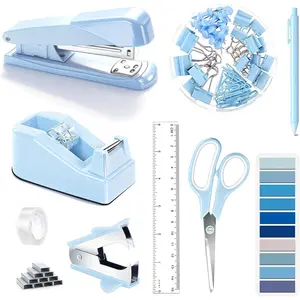 Blue Desk Accessories, Blue Office Supplies Accessories with Tape Dispenser, Stapler, Staple Remover, 1000 Staples, Tape, Clips Set, Ruler, Scissor, Pen