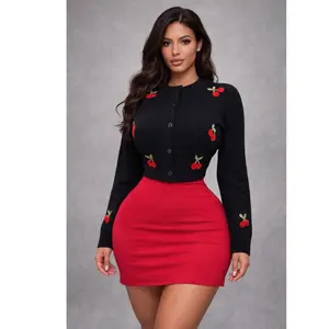 Cherry Knitted Sweater with Embroidered Cherries and Long Sleeves for Women
