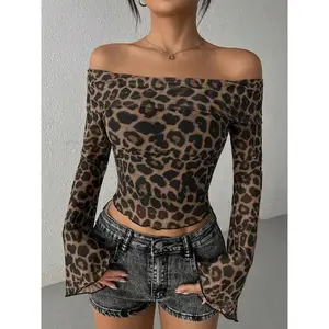 Women’s slim-fit mesh single-shoulder leopard-print bubble-sleeve trumpet-shaped long-sleeve cropped top, casual and fashionable for spring and autumn GARMENTARY