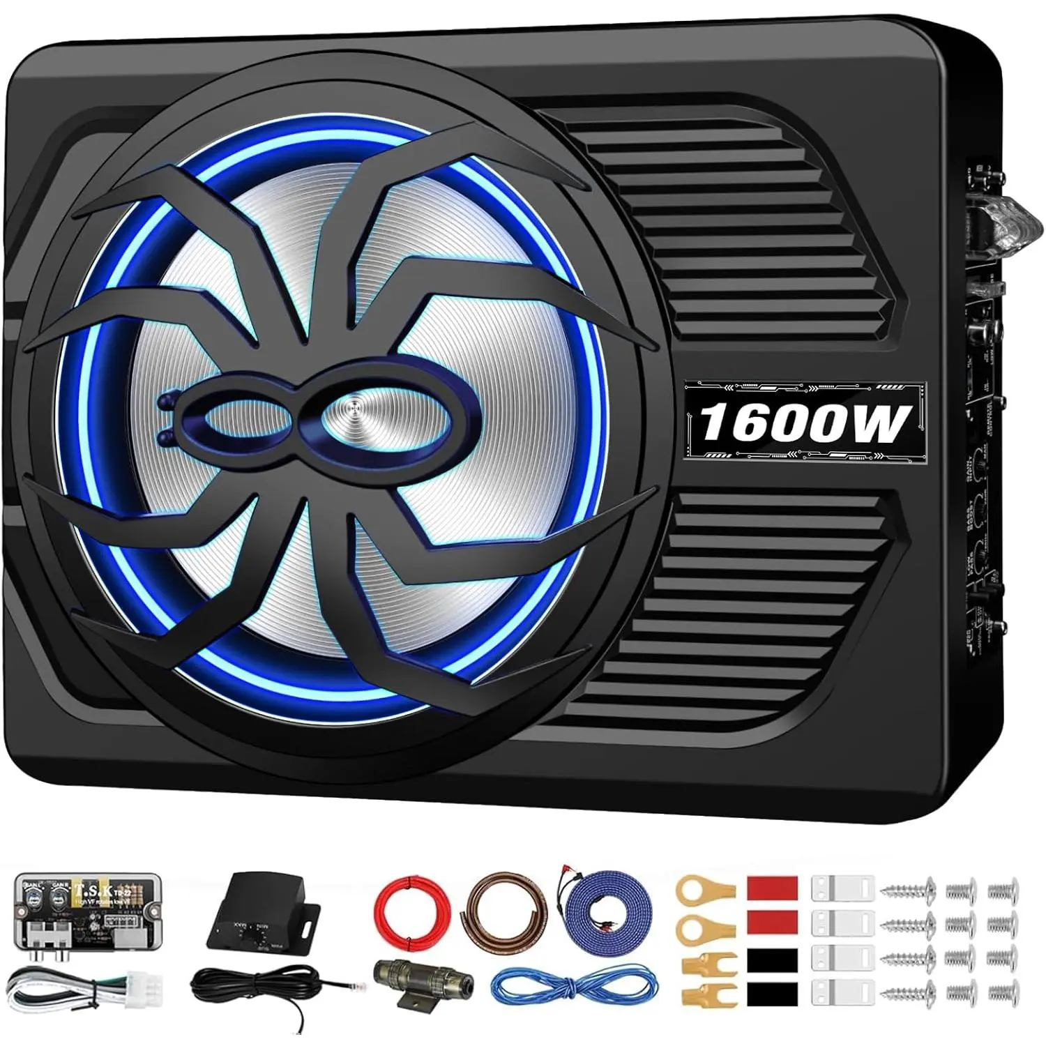 1600W Slim Underseat Car Subwoofer and Amp Package, Under Seat Subwoofer with Built-in Class D Amp & DSP, LED Light Switch, Deep Subsonic Bass, Powered Subwoofer Car Audio for Truck/SUV