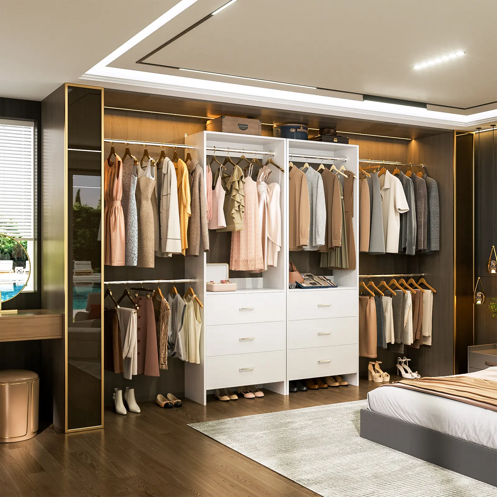 Cyclysio Wooden Wardrobe 2-Piece Expandable Racks - 100"-140" Wide Adaptive Wardrobes, All-in-1 Modern Armoire with Hanging Rods, Light Wood Drawers, Easy Access, Large Storage Closet Cabinet, Easy Setup