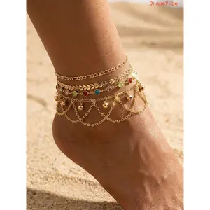 4‑Piece Bohemian Leaf Gem Layered Anklet Set Zinc Alloy Tiered‑Design Charm Jewelry For Women Summer Beach Vacation Wear