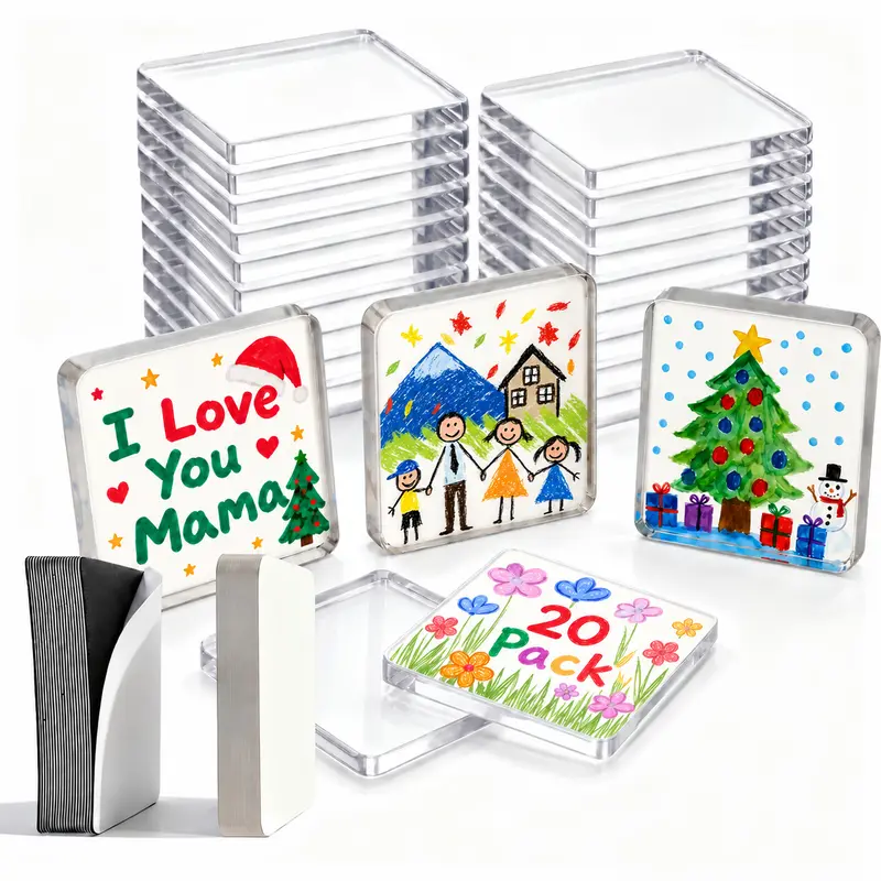 Magnetic Photo Frames 2"x2" Clear Acrylic DIY Fridge Magnets with Adhesive Backing, Christmas Stocking Stuffers & Holiday Keepsake Craft Kit for Family Memory Display, Kitchen,Christmas Decor