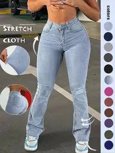 GILIPUR Y2K Women's Plain Ripped Flare Leg Stretchy Jeans, Bootcut Stretchy Jeans, Fashion Casual High Waist Pocket Button Bell Bottom Denim Pants for Daily Outdoor Wear Ladies Bottoms for All Seasons,mom Stretchy Jeans Starched Stretchy Jeans girls