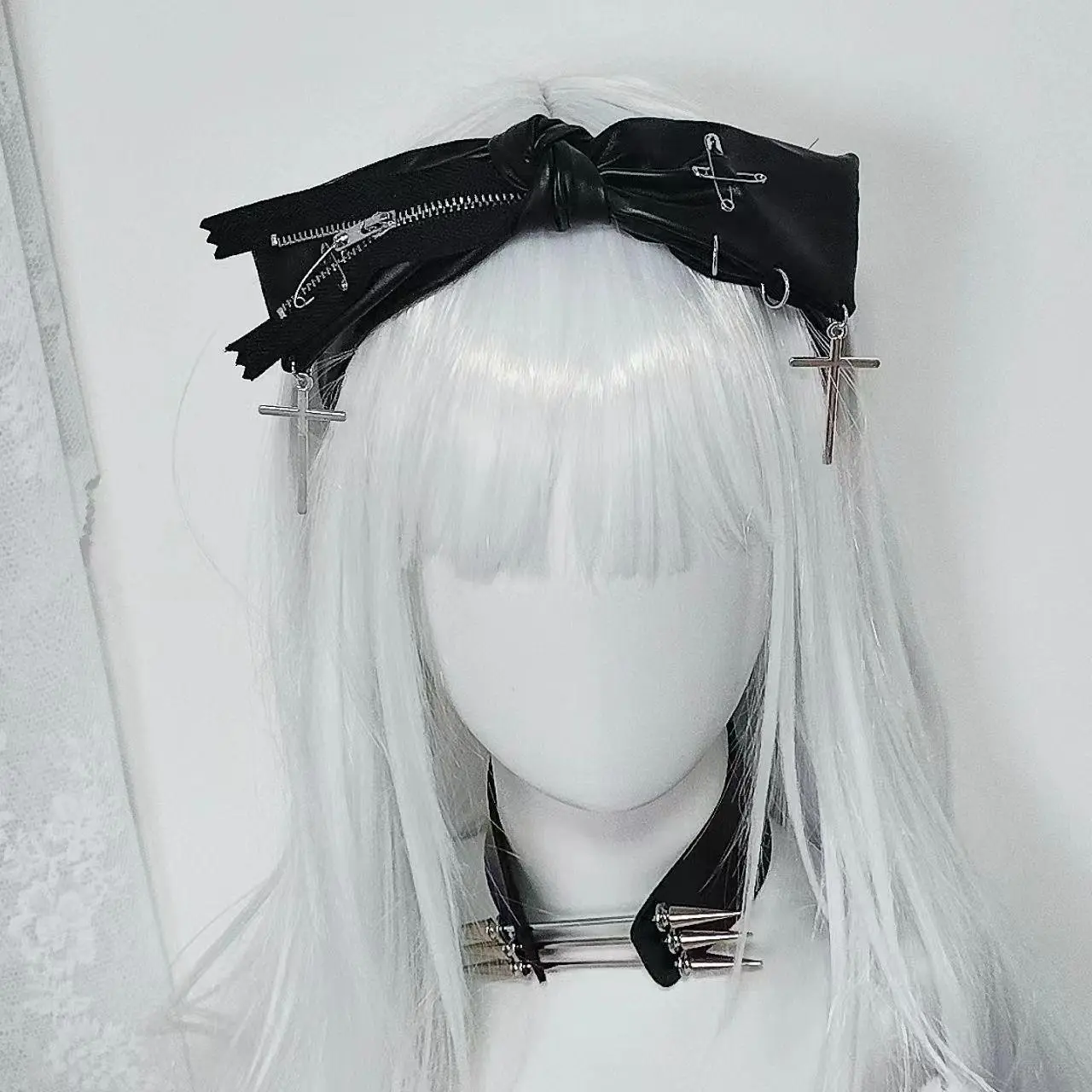 Dark Gothic Cross Knotted Headband, Black Leather Punk Hairband for Alternative Style