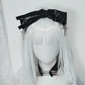 Dark Gothic Cross Knotted Headband, Black Leather Punk Hairband for Alternative Style