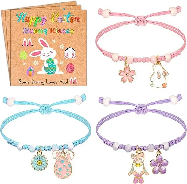 Easter Gifts for Kids, 3 Pcs Adjustable Bunny Charm Bracelets with Bunny Card, Cute Jewelry Bracelet Easter Basket Stuffers for Teens Women Toddler