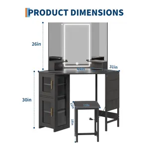 Garvee Corner Vanity Desk Set with LED Lighted Mirror & Charging Station - Bedroom Makeup Table with Stool and Storage Cabinet