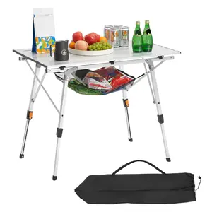 VEVOR Folding Camping Table,  Portable Roll Up Side Tables, Lightweight Aluminum Beach Table with Adjustable Height, Top Mesh Layer and Carry Bag, For Outdoor BBQ Tailgating Picnic, Travel, Silver
