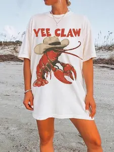 Women's Round Neck Loose Short Sleeve Top, Casual Home Wear, Lobster Print, Beach, Summer Women's Shirt, Fitted, All Seasons