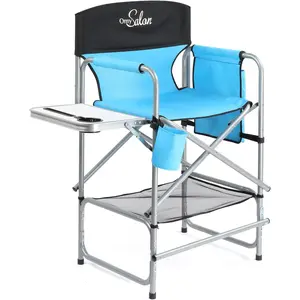 OmySalon Extra Tall Director Chair w/Side Table, Heavy-Duty Steel Frame Portable Folding Bar Stool w/Storage Pockets, for Makeup Artist, Salon, Studio, Camping, 301 lbs Capacity