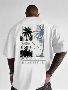 Men's Island Print Loose T-Shirt, Coastal Landscape Casual Top, Soft Fabric, Relaxed Fit, Urban Vacation Style, Daily Wear