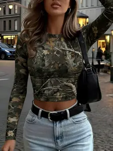 Vintage Street Style Withered Branch Camo Full Print Slim Fit Short Sleeve Long T-Shirt, Casual All Seasons Wear, Men's Fashion Tee, Streetwear Camouflage