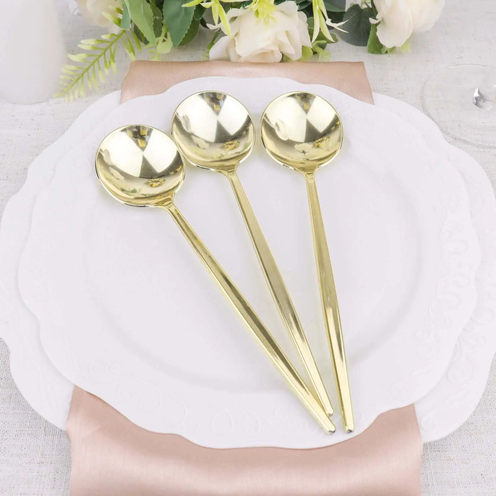 24-Pack 8 in Glossy Gold Spoons - Premium Heavy-Duty Disposable Plastic Cutlery, Kitchen Tableware for Birthdays, Weddings