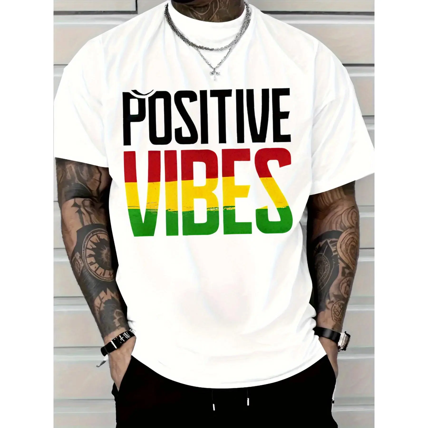 Men's Cotton Casual T-Shirt, Positive Vibes Rasta Print, PLUS SIZE