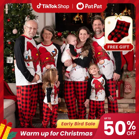 Patpat Family Christmas Pajamas Cotton-Feel Stretch Fabric Long Sleeve Sleepwear Set, Crew Neck Santa & Reindeer Goblin Print, Elastic Waist Cozy Matching Outfits for Kids & Baby & Adults in Autumn Winter, Dog Scarf, Spotlight Day, BFCM Early Bird