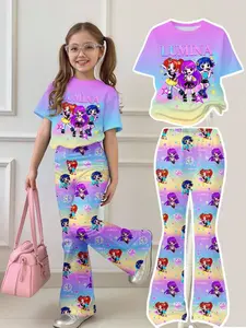K-Pop Lumina Women's Gradient Set, Rainbow Anime Girl Print Short Sleeve Bell Bottom Pants Two-Piece, Cute Slim-Fitting Suit