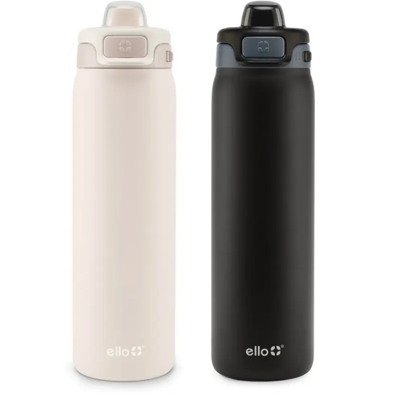 Ello Pop & Fill 22oz 2-Pack Stainless Steel Water Bottle with Leak Proof Locking Lid in Cream & Black Colors