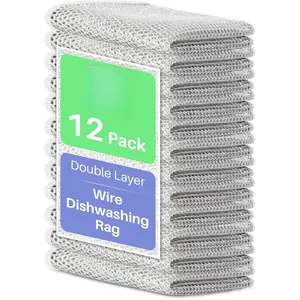 Double Layer Wire Dishwashing Rag 12 Pack Non-Scratch Multipurpose Steel Cloth for Wet & Dry Dishwashing Rust Removal Cleaning Cloths Kitchen No Odor Reusable Easy Care Household Mesh