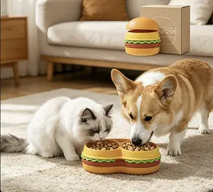 15×15×12cm 5-in-1 Pet Hamburger Bowl Set: Tilted Bowl, Adjustable Raised Bowl, Slow Feeder Bowl, Licking Mat, Non-Slip Bowl