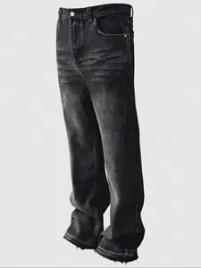 Men's Patchwork Flare Jeans, American Style Streetwear Denim Jeans, Trendy New Versatile Fashion Washed Cotton Fabric, Loose Fit, Pocket