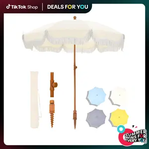 PHIVILLA 7ft Patio Beach Umbrella with Fringe NO Base, UPF 50+ Canopy, 8 High Wind Proof Fiberglass Ribs, Fully Assembled, Carry Bag Available Outdoor Aesthetic Round, DealsForYouDays