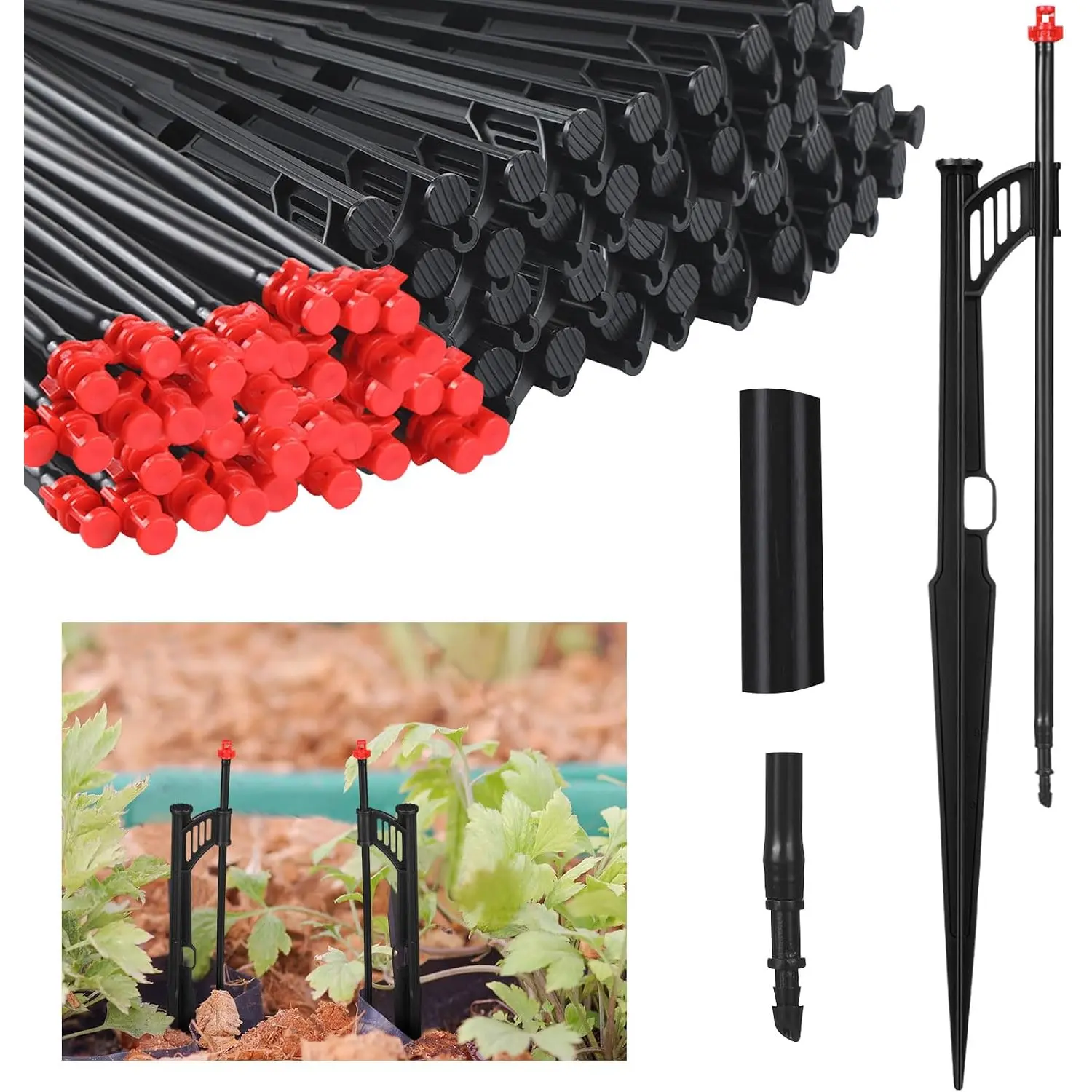 50 Pcs 12.8 Inch Drip Irrigation Stakes with 360 Degree Sprayer Emitters and Sprinkler Extension Riser for 1/4 Inch Drip Tubing Micro Sprinkler Heads Stakes for Garden Watering System, Red
