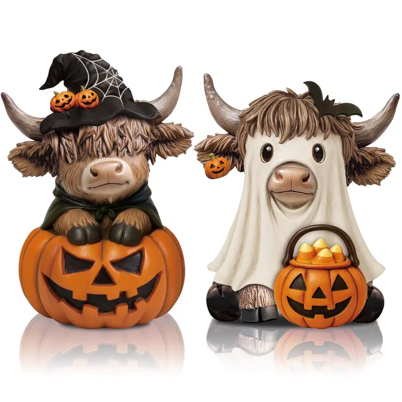 Gejoy Halloween Highland Cow Statue Fall Cattle Figures 3D Highland Cattle Gnome Ornament Halloween Gift Christmas Gift Cute Decoration for Home, Halloween Party Season Decor, Housewarming Gift, Bathroom Decor, 2/3pcs