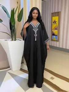 Elegant Boubou Dress for Women, Loose Fit Embroidered Fringe, Long Sleeve African Style, Summer Party & Travel Wear, with Pockets