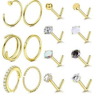 Trendy Summer Hypoallergenic 14K Gold Filled Nose Rings Studs 20G 316L Surgical Steel Nose Ring Gold L Shaped Nose Studs Hoop Nose Rings Set for Women Men Simulated Diamond Nose Piercing Jewelry(14Pcs)