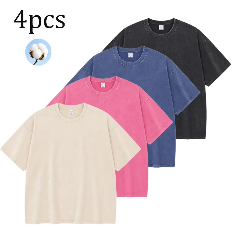 Men's Acid-Washed Distressed Crew Neck Short-Sleeve Cotton T-Shirt - 1/4 Pack, Oversized Baggy Loose Fit, Soft Breathable Fabric, Stylish Casual Classic Streetwear Top for Everyday Wear, Plain Menswear Tee