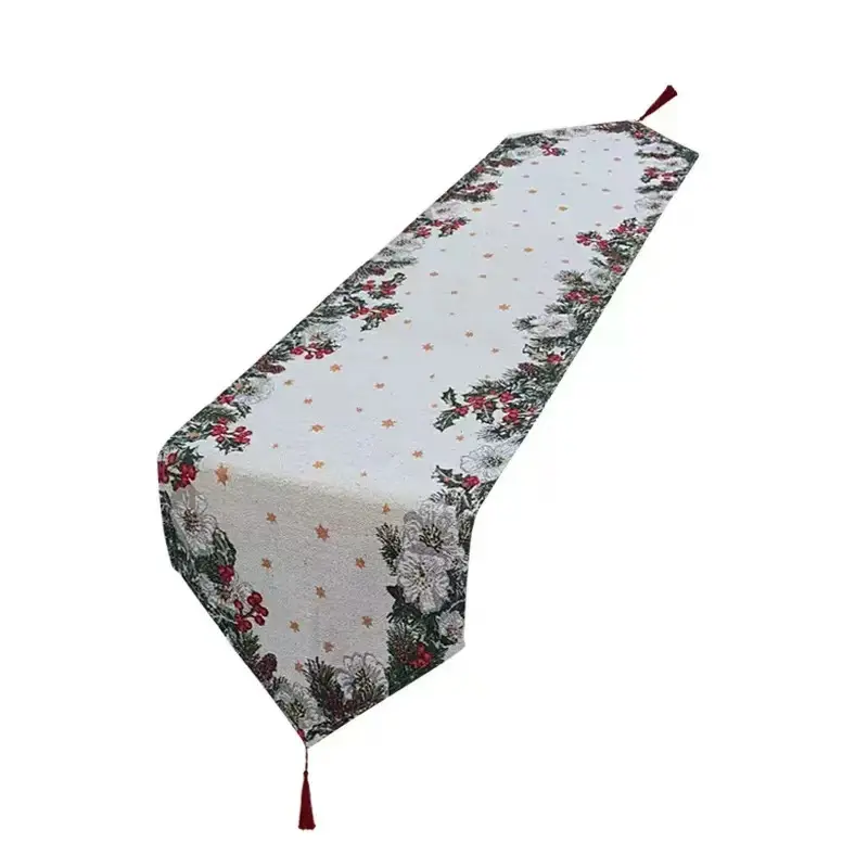 13×71 inch Christmas Table Runner with Tassels, Holiday Dining Table Decor, Christmas Tree & Floral Table Runner for Dining Room Kitchen Home