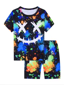 Toddler Boy's 2pcs All Over Print Loungewear Set, Cartoon Face Print Short Sleeve T-Shirt & Elastic Waist Shorts, Casual Comfortable Pyjama Set for Kids
