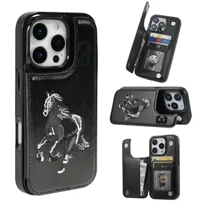 Abstract Running Black Horse Pattern Leather Card Holder Phone Case, Suitable for iPhone 17 Air/16 Plus/15 Pro Max/14 Pro/13/12/11/XS Max/X Phone Case, Best Choice for Thanksgiving Christmas Gifts for Family Friends Lovers Boyfriend Girlfriend