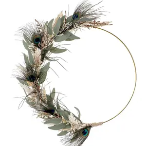Boho Wreath for Front Door - 12 Inch Peacock Feather Wreath for Farmhouse All Season Home, Wreaths with Green Leaves for Porch Wall Indoor Window