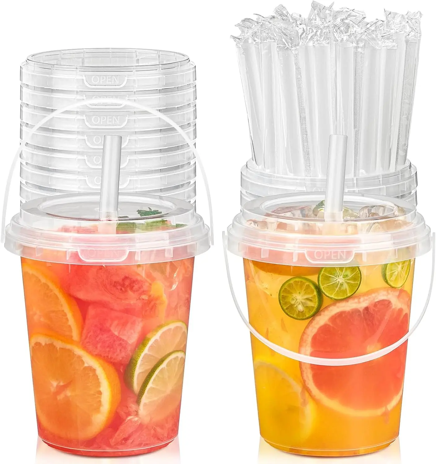 15/30-Pack 34 oz Disposable Clear Plastic Bucket Cups with Lids, Straws & Handles, Summer Beach Pool Party Supplies for Lemonade, Iced Coffee Set campingessentials