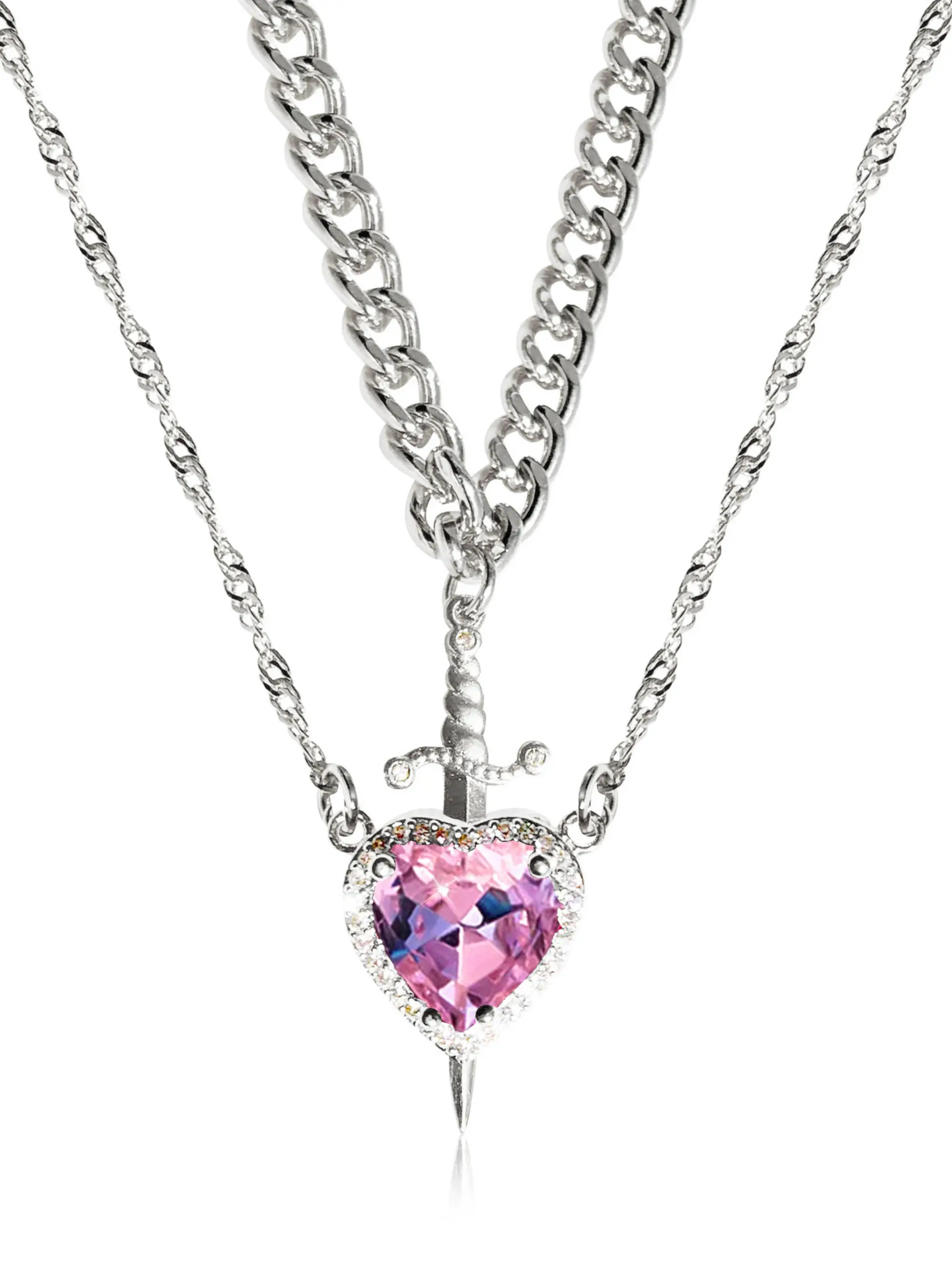 New Trend Crystal Heart Dagger Pendant Necklace Layered French Style Women's Choker, Fashionable Jewelry Accessory
