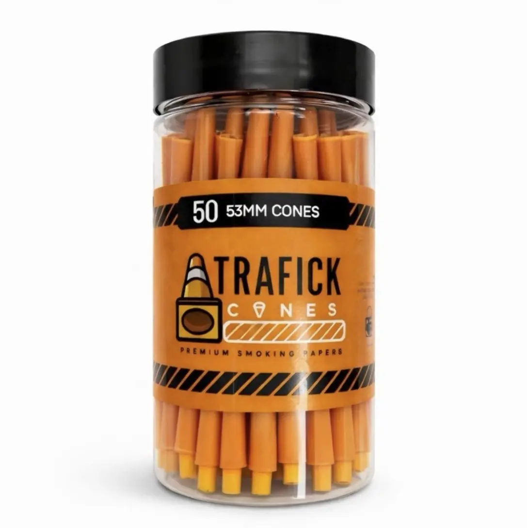 Trafick Cones, 50 Count, 53mm or 98mm, Premium Paper Cones, High Quality Paper Cones, 50 Cones, Paper Cones Jar, Orange Cones, Ready to Fill Paper, Bulk Pack Cones, Jumbo Pack Cones, Orange Traffic Cone Design, Easy Fill Paper, Ready to Use, 50 Pack Jar
