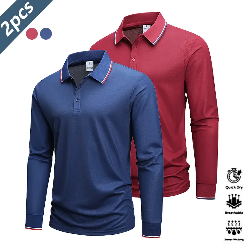 Men's 2-Pack Quick-Dry Collared Polo Shirts - Polyester Plain Fabric, Sleeve Stripes, Athletic Fitted, Breathable Casual Activewear for Golf, Tennis, Polo Shirt