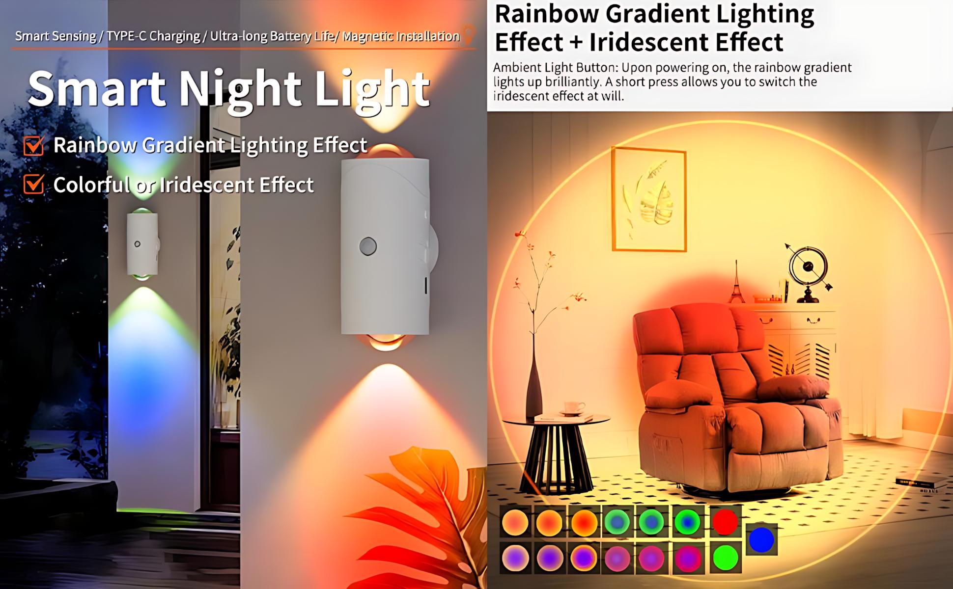 Rechargeable LED night light with human body motion sensor, RGB color-changing dimmable wall lamp, magnetic step lamp for bedroom, entryway, stairs, desk, or bathroom — indoor ambient lighting, plug-free, smart home lighting