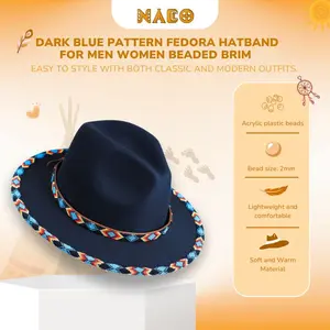 NACO Dark Blue Pattern Fedora Hat Collection for Men Women Beaded Brim 57-59cm Native American Style Acrylic Plastic Beads 2mm Bead Size Lightweight Comfortable Soft Warm Material