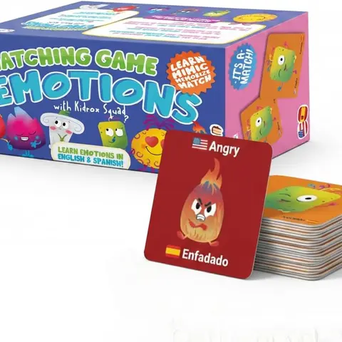 Kidrox Emotions Matching Game – Bilingual Memory Card Game in English & Spanish for Kids Ages 3+ | Learn & Mimic Emotions with Kidrox Squad | Premium Magnetic Box | 40 Tiles