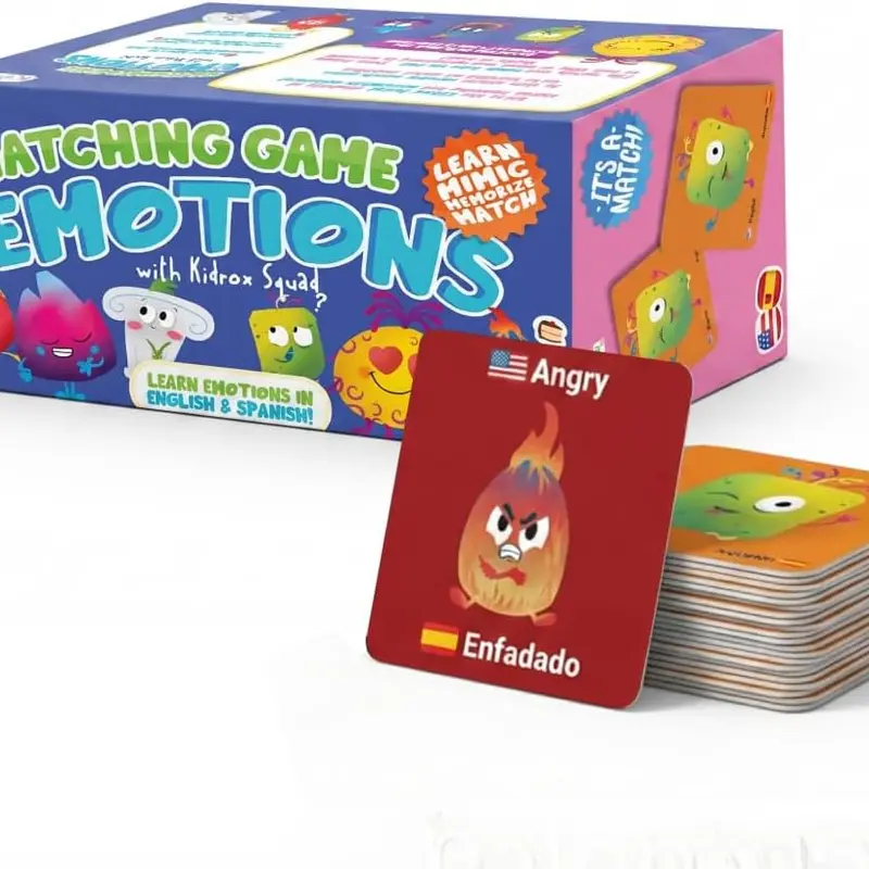 Kidrox Emotions Matching Game – Bilingual Memory Card Game in English & Spanish for Kids Ages 3+ | Learn & Mimic Emotions with Kidrox Squad | Premium Magnetic Box | 40 Tiles