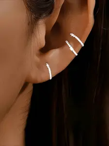 1 pair of earrings, S925 sterling Silvery, minimalist round hoop with Synthetic Zirconia and cubic Synthetic Zirconia inlay, stylish clip-on ear studs, hypoallergenic design for daily wear, Stud Earring Jewelry